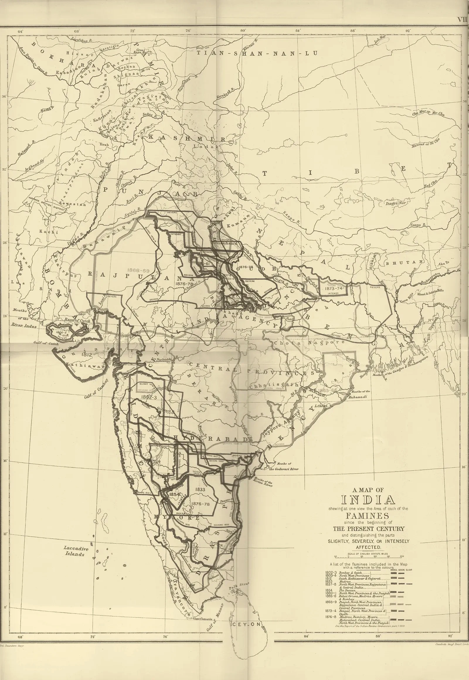 Famine-era map of British India, graded archival plate