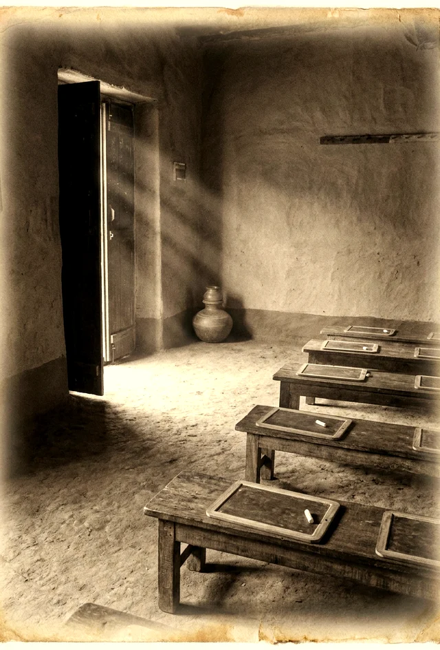 The earthen-floor classroom where the spearhead was seated