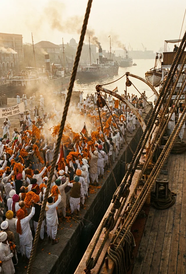 A crowded quayside at Bombay, garlands and steamers, the morning of a homecoming in 1915